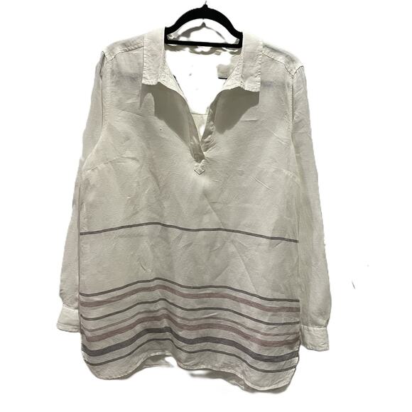 Tahari Linen Tunic Top L Striped Long Sleeve V-Neck Preppy Coastal Boho - Picture 12 of 14